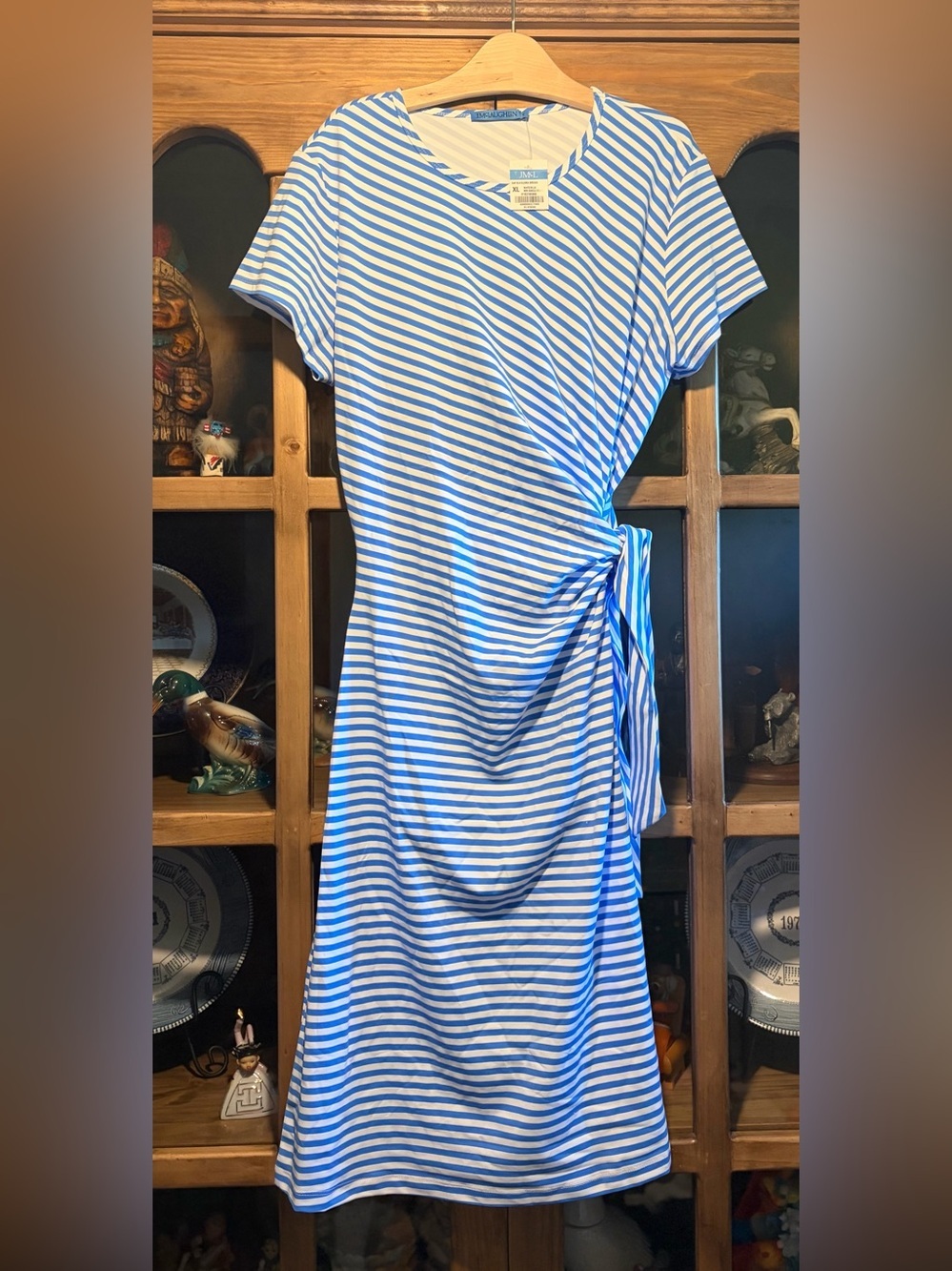 J. McLaughlin Cap Sleeve Elora Dress Striped Blue & White Tie Waist NWT Size XL